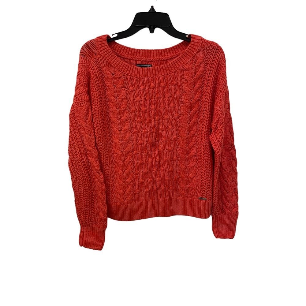 Abercrombie & Fitch Red Cable Knit Sweater Medium Boat Neck Bobble Stitch